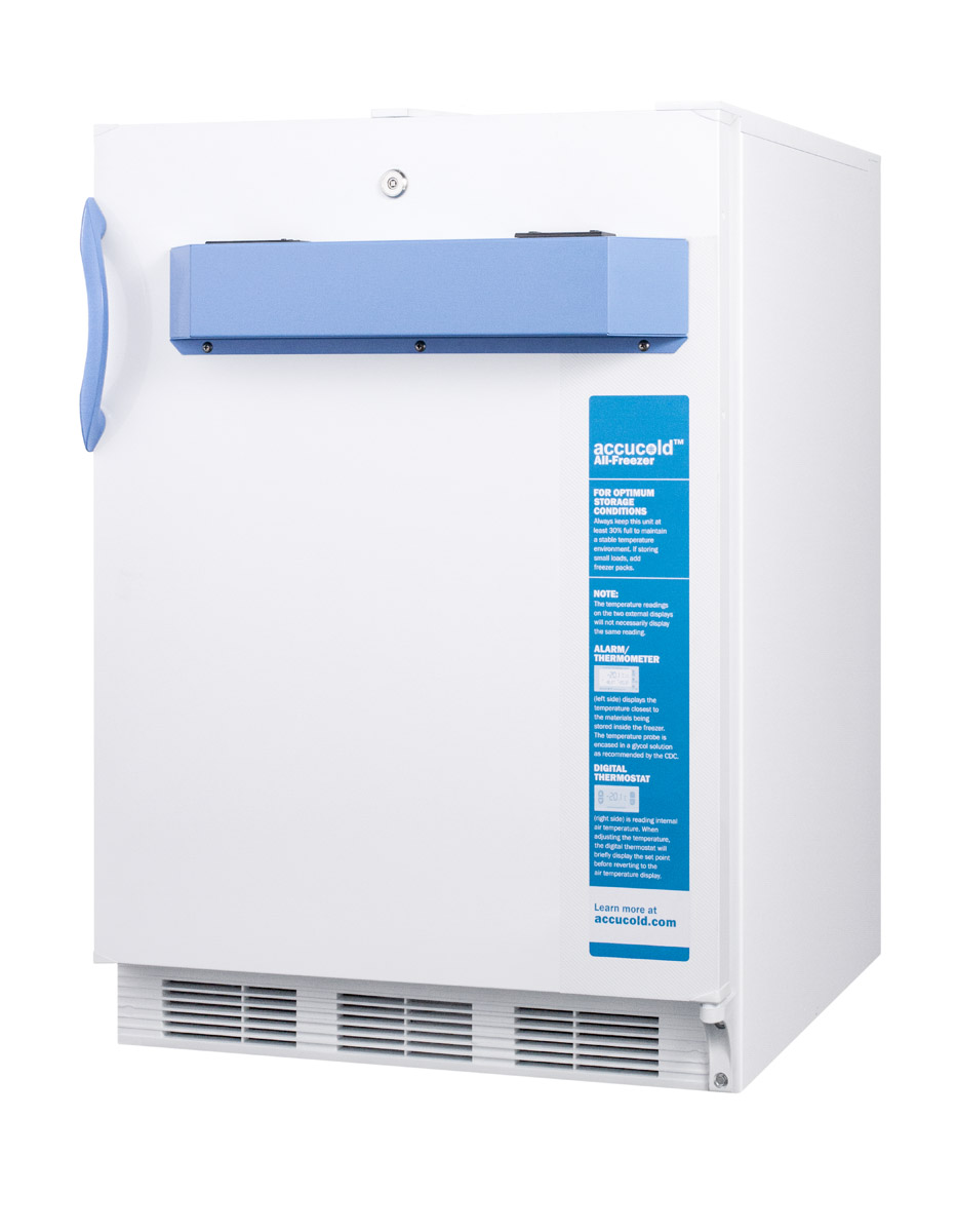 Built-in undercounter ADA compliant medical/scientific -25 C capable all-freezer with front control panel equipped with a digital thermostat and NIST calibrated thermometer/alarm